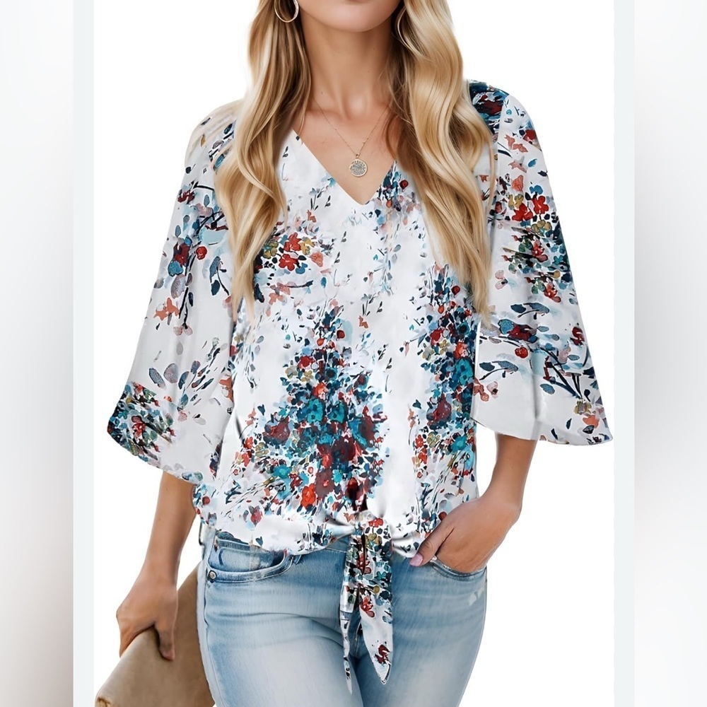 Lovestitch boho kimono Vneck tie front floral womens relaxed fit top Medium